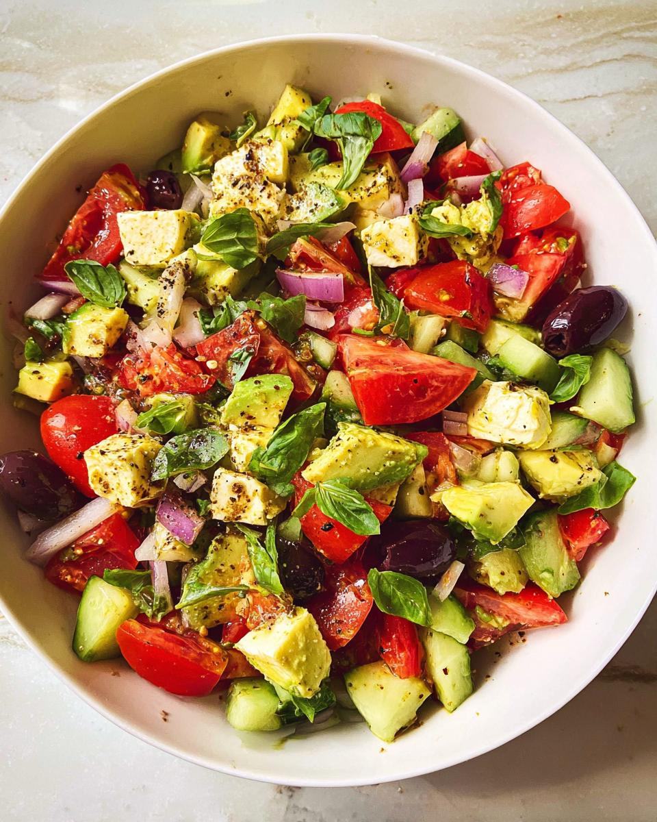 A vibrant bowl of Simple & Zesty Mediterranean Avocado Egg Salad with tomatoes, cucumbers, olives, feta, and basil.