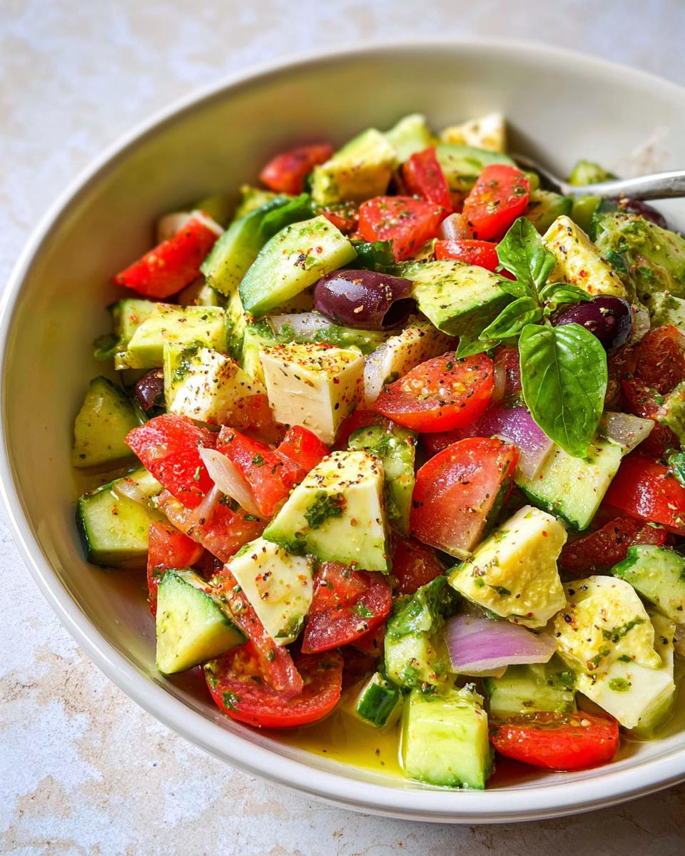 A bowl of Simple & Zesty Mediterranean Avocado Egg Salad with tomatoes, cucumber, olives, and feta cheese.