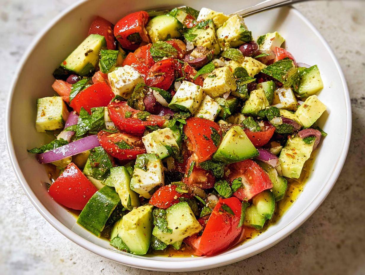 Close-up of a vibrant Mediterranean Avocado Egg Salad with tomatoes, cucumber, feta, and red onion.