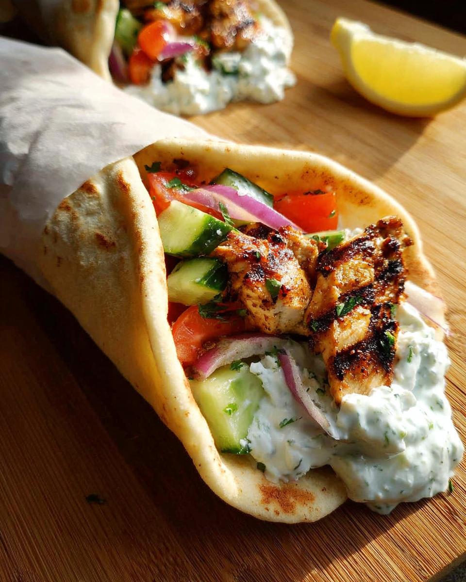 Close-up of a Mediterranean Chicken Gyro filled with grilled chicken, cucumber, tomato, red onion, and creamy feta tzatziki.