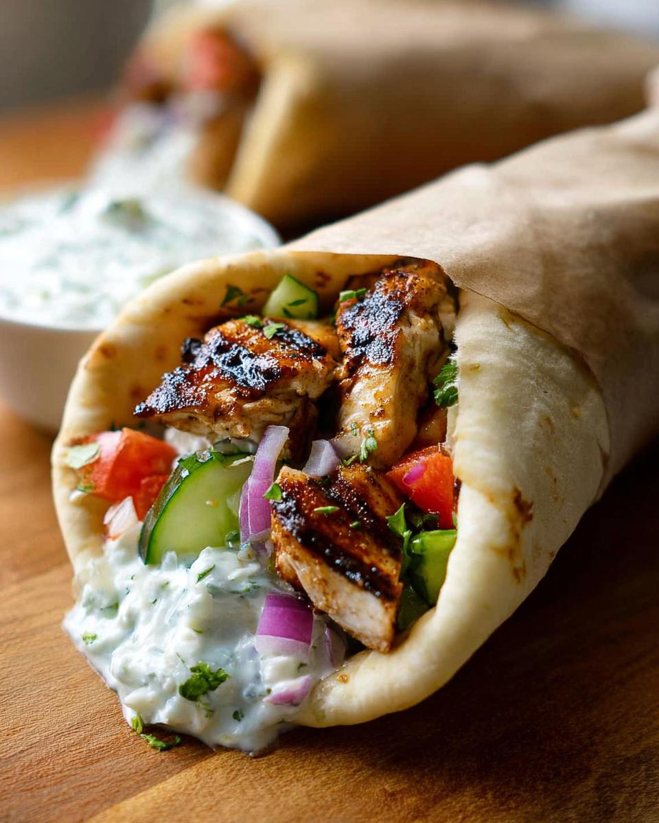 Close-up of a Mediterranean Chicken Gyro overflowing with grilled chicken, cucumber, tomato, red onion, and creamy feta tzatziki.