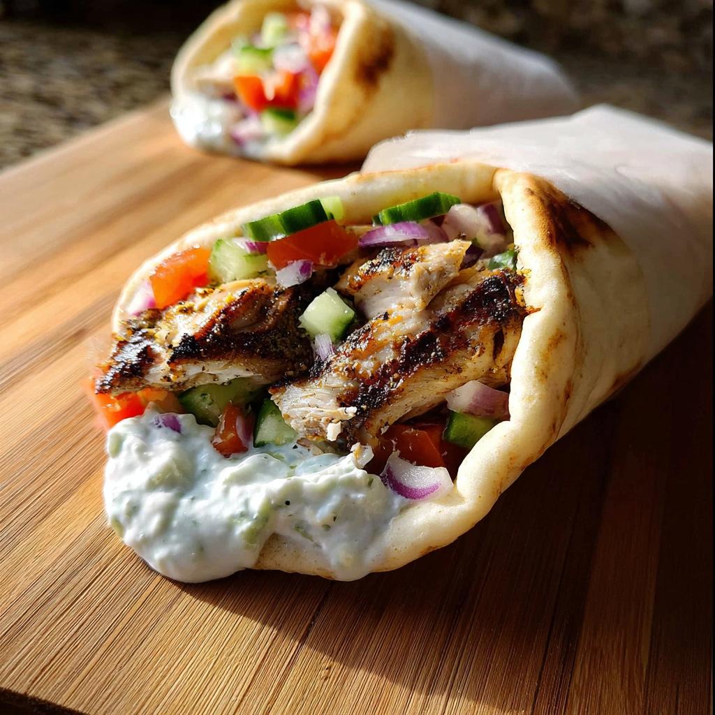 Close-up of a delicious Mediterranean Chicken Gyro stuffed with grilled chicken, cucumber, tomato, red onion, and creamy feta tzatziki.