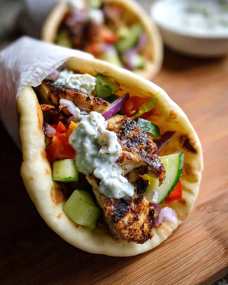 A delicious Mediterranean Chicken Gyro, packed with grilled chicken, fresh vegetables, and creamy feta tzatziki sauce.