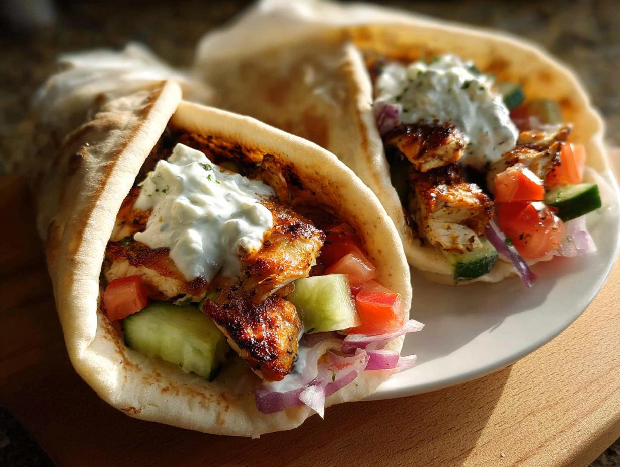 Two delicious Mediterranean Chicken Gyros stuffed with grilled chicken, cucumber, tomato, red onion, and creamy feta tzatziki.