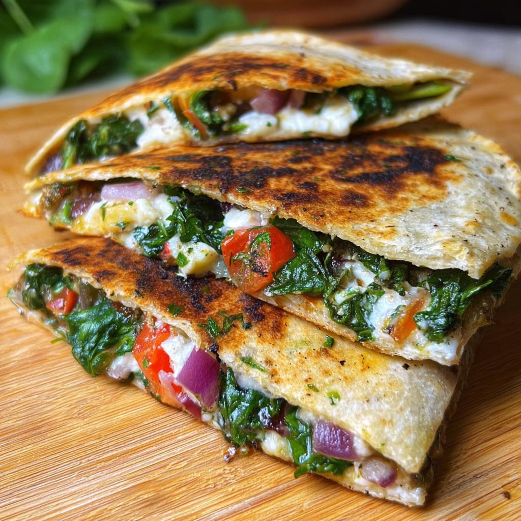 Stack of three Mediterranean quesadillas filled with spinach, feta, mozzarella, and red onion, on a wooden board.