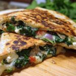 Close-up of Mediterranean Quesadillas filled with spinach, feta, mozzarella, and red onion, cut in half.