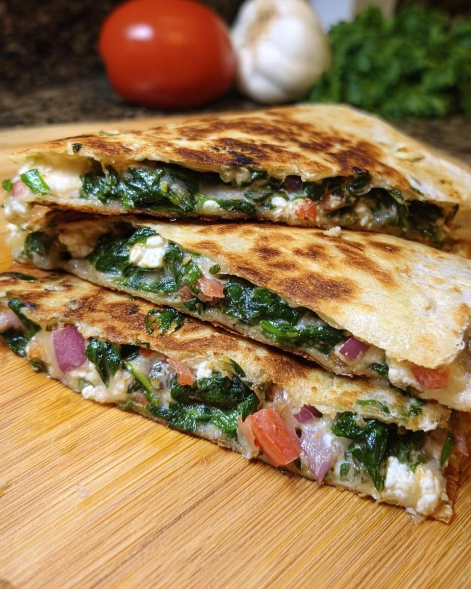 Stack of three Mediterranean quesadillas filled with spinach, feta, mozzarella, and red onion, sliced and ready to eat.