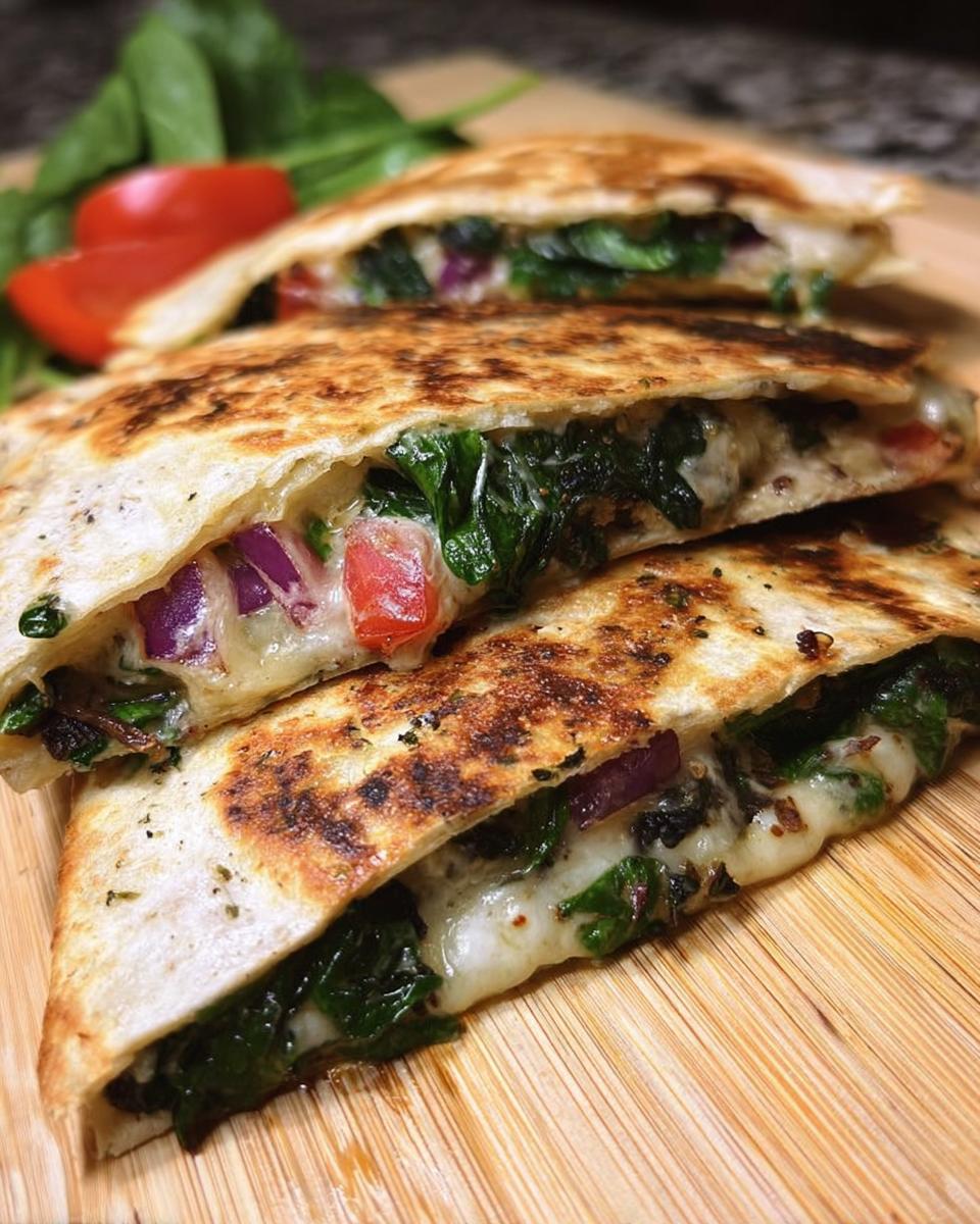 Close-up of Mediterranean Quesadillas filled with spinach, red onion, feta, and mozzarella cheese.