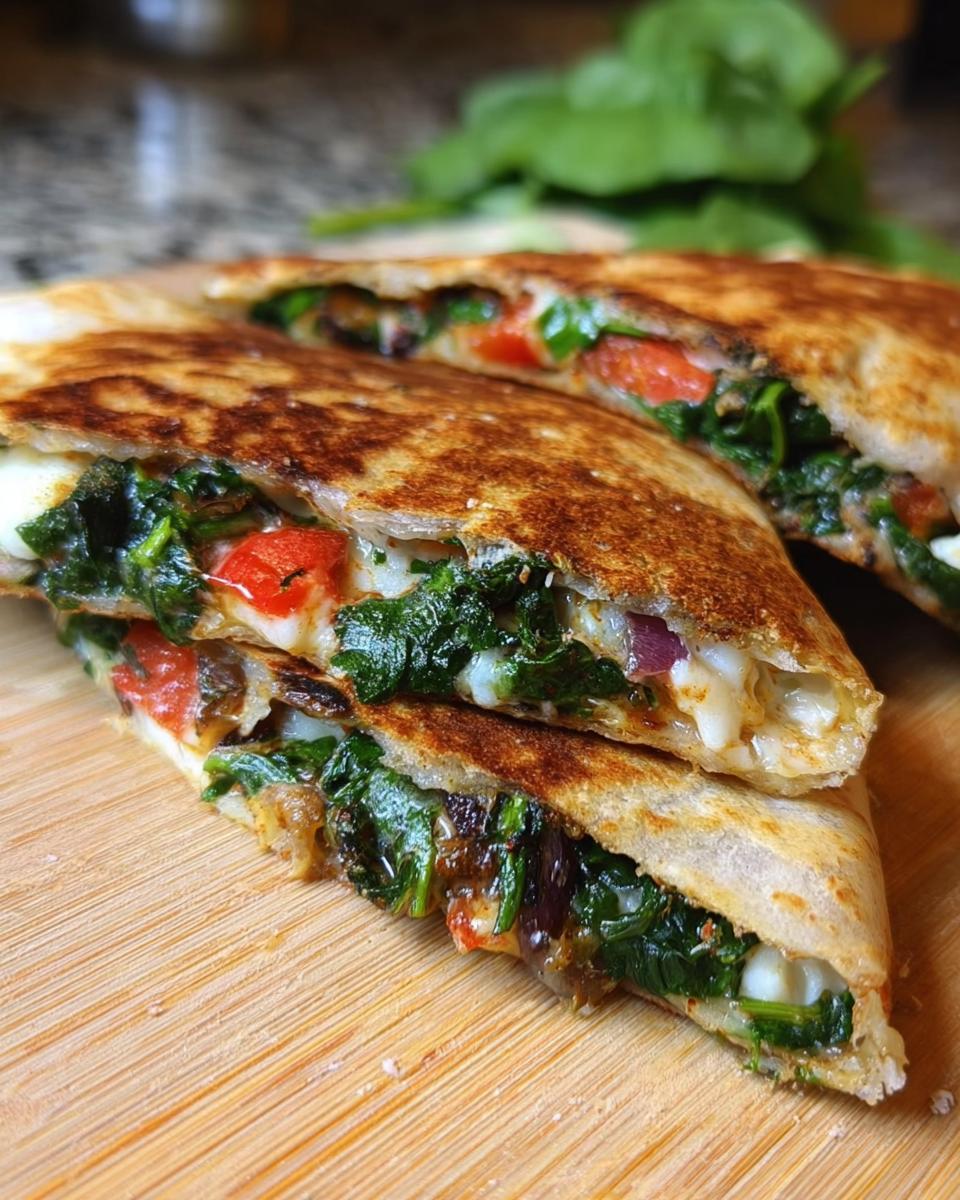 Close-up of Mediterranean Quesadillas with spinach, feta, mozzarella, and red onion, cut in half.