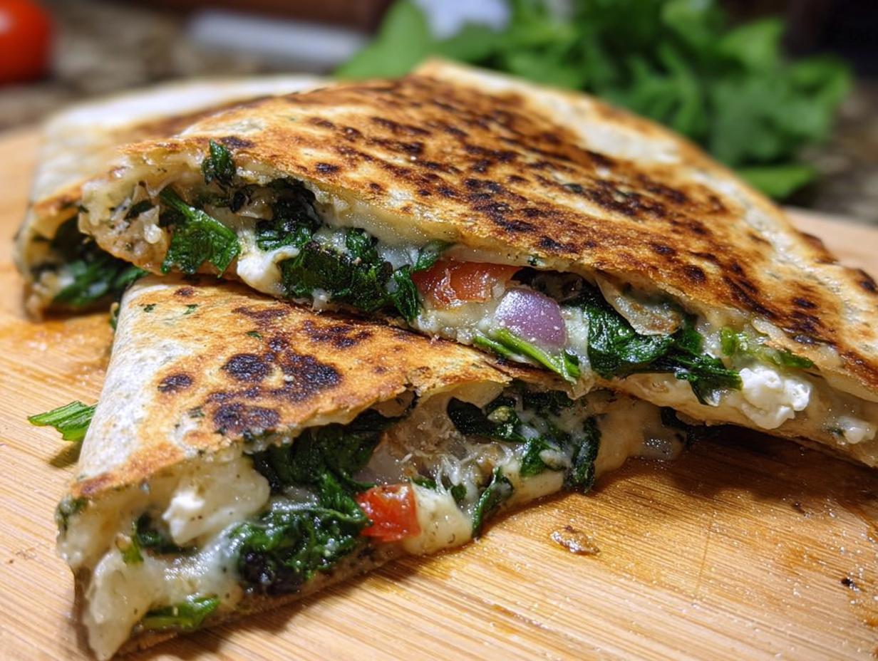 Close-up of Mediterranean Quesadillas filled with spinach, feta, mozzarella, and red onion, cut in half.