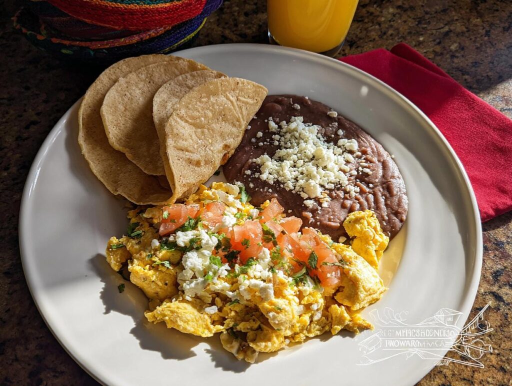 A plate of scrambled Mexican Eggs topped with tomatoes and cheese, served with refried beans and corn tortillas.