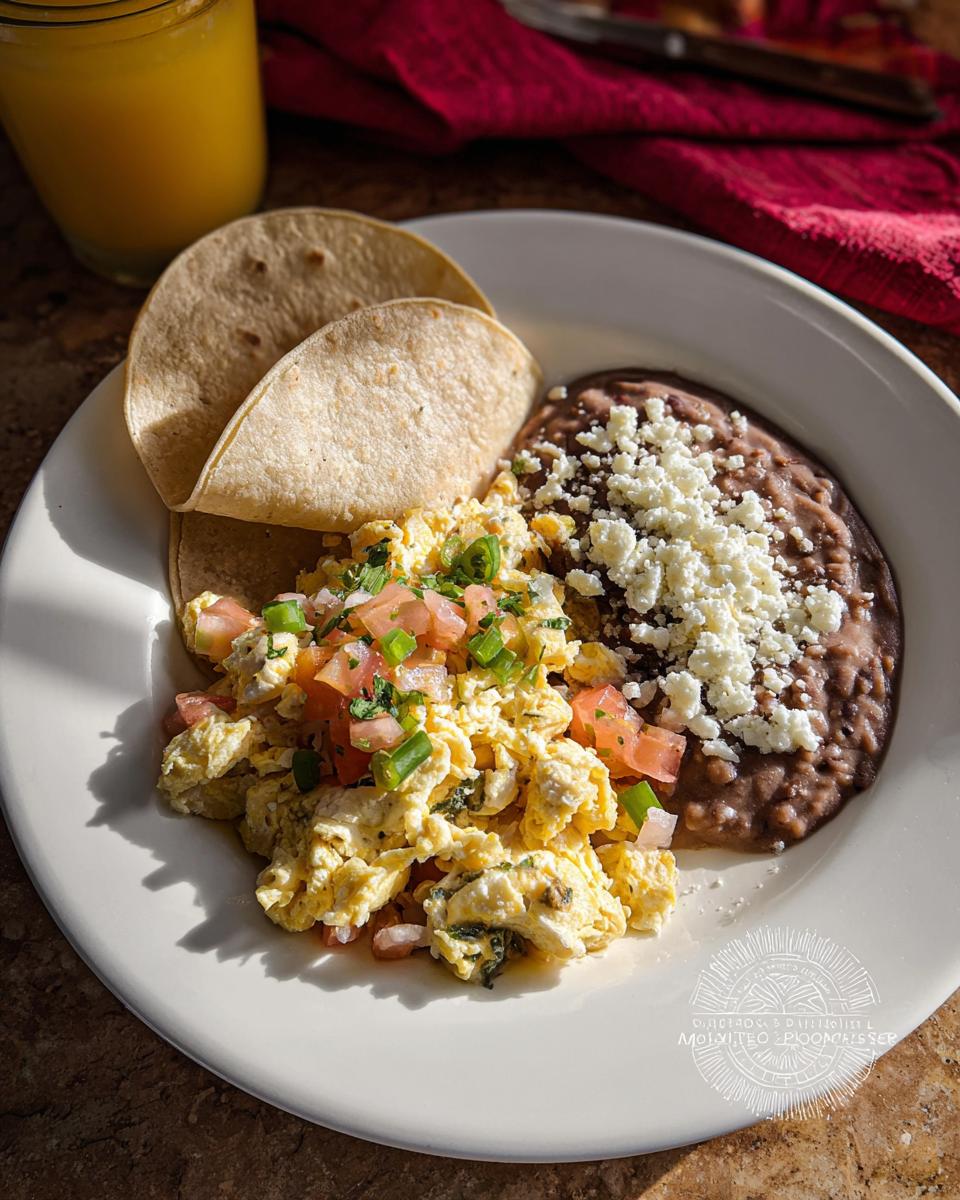 A plate of scrambled Mexican eggs with pico de gallo, refried beans topped with cheese, and corn tortillas.
