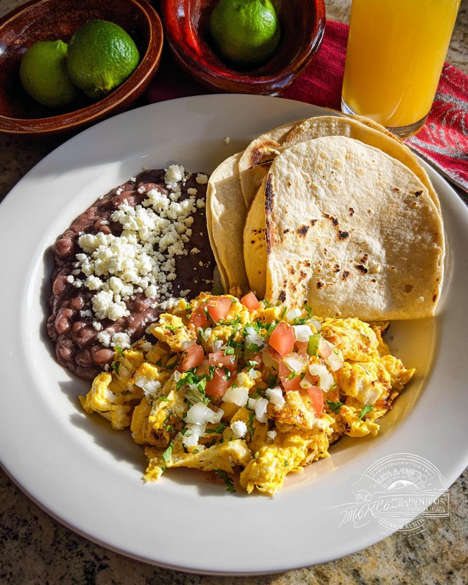 A close-up of a plate of Mexican Eggs, scrambled and topped with diced tomatoes and onions, served with refried beans and tortillas.