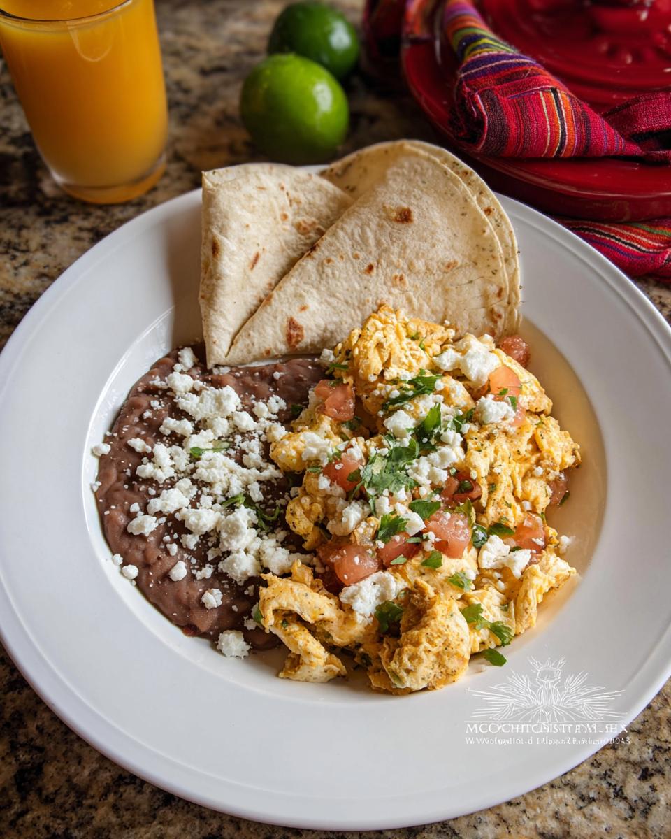 A plate of scrambled Mexican Eggs topped with tomatoes and cheese, served with refried beans and tortillas.