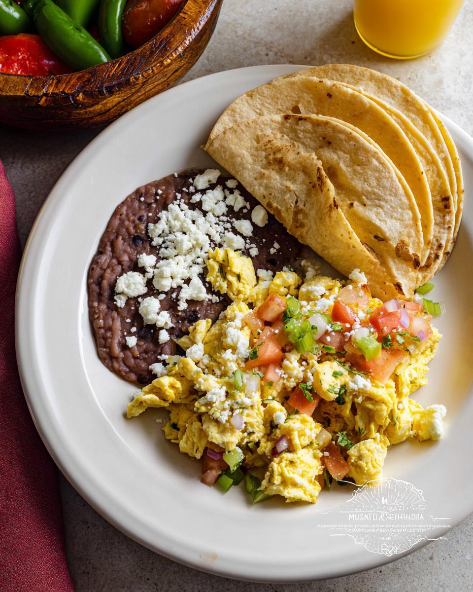 A plate of Mexican Eggs scrambled with pico de gallo and crumbled cheese, served with refried beans and tortillas.