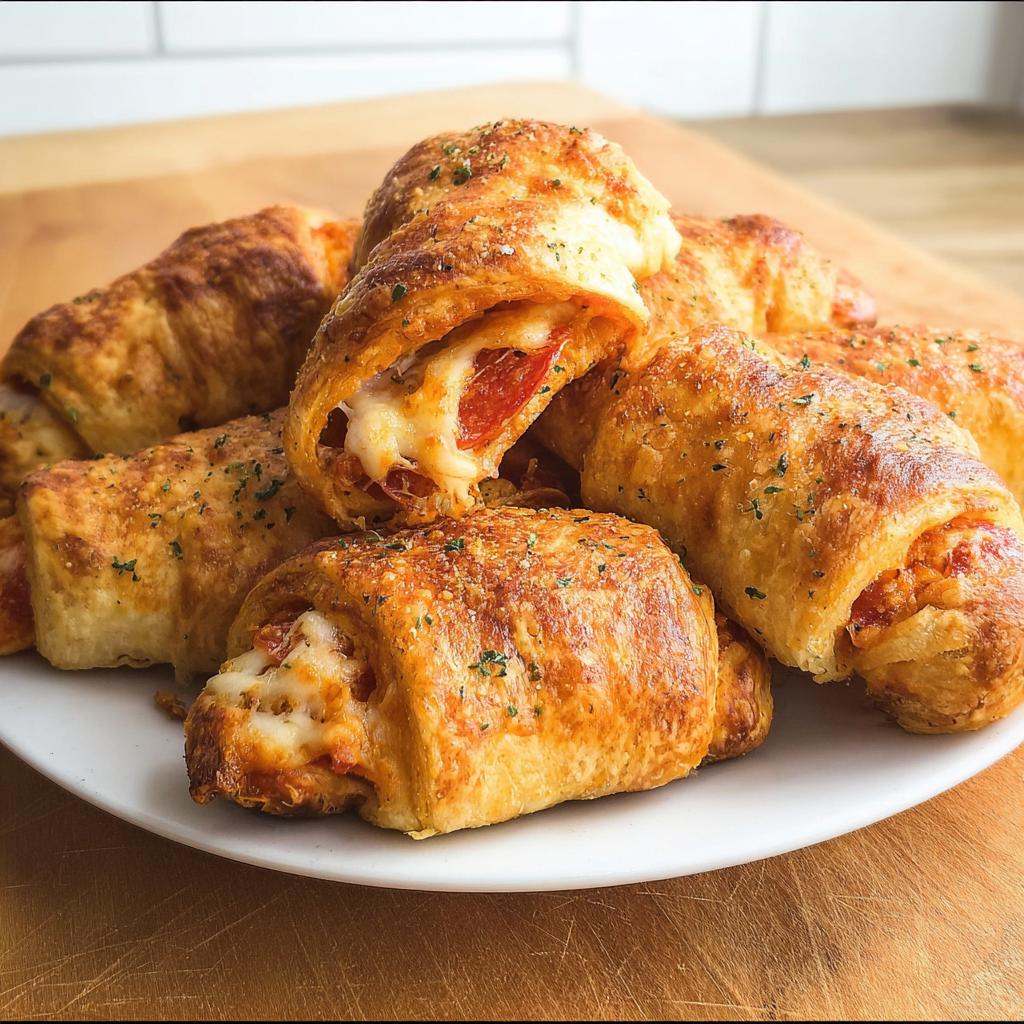 A plate of golden-brown mozzarella pepperoni croissant rolls, one cut open to reveal melted cheese and pepperoni.
