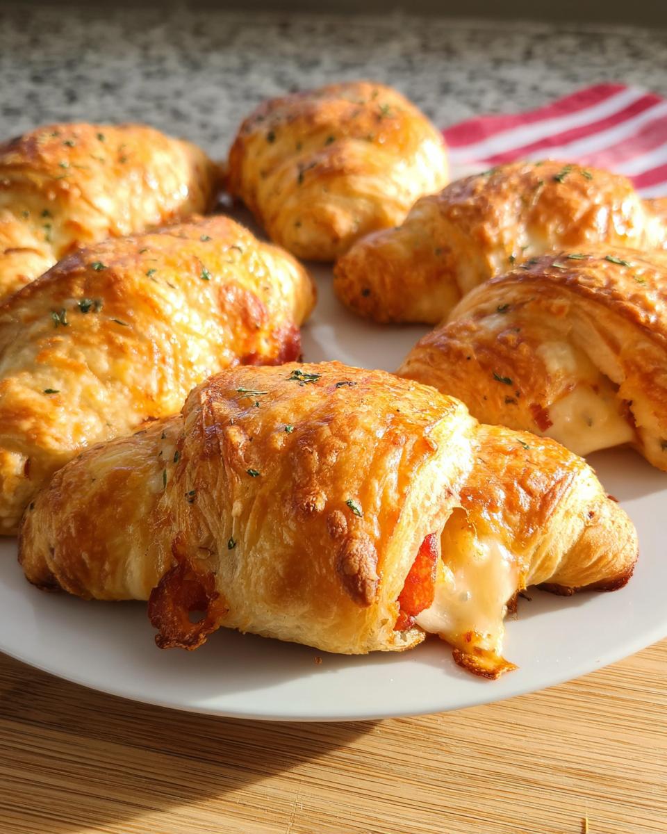 A plate of golden-brown mozzarella pepperoni croissant rolls, with melted cheese oozing out of one.