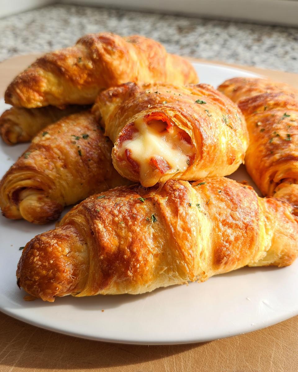 A plate of golden-brown mozzarella pepperoni croissant rolls, with one cut open to reveal melted cheese and pepperoni.