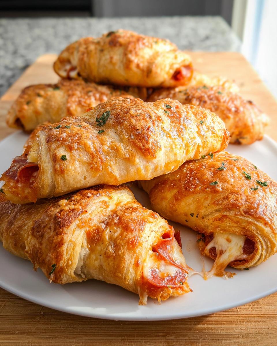 A plate of golden-brown mozzarella pepperoni croissant rolls, with melted cheese oozing out.