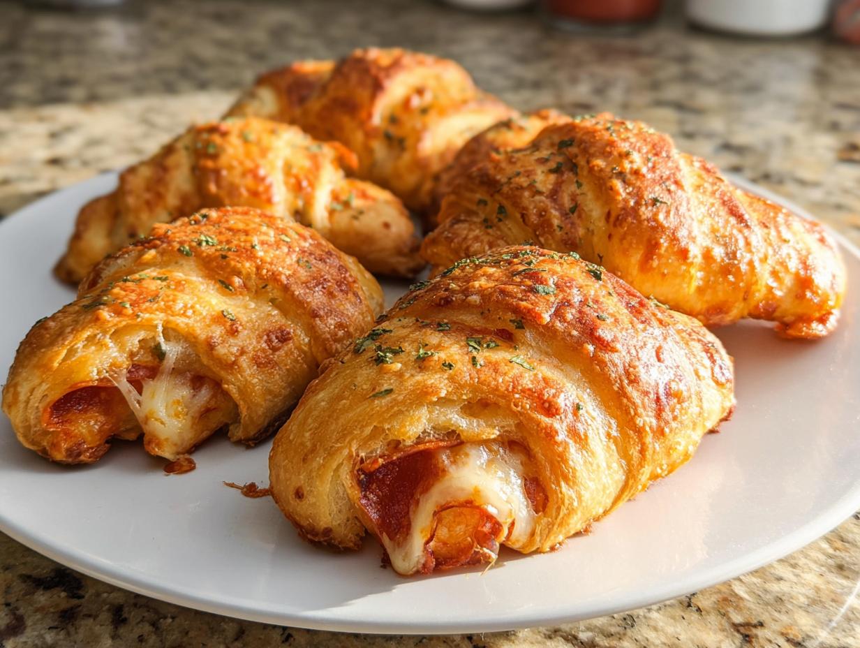 Golden-brown mozzarella pepperoni croissant rolls on a white plate, with melted cheese oozing out.