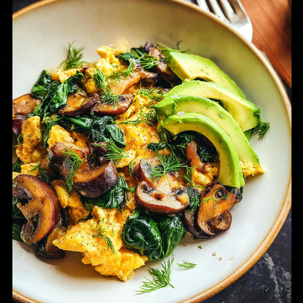 A close-up of fluffy Mushroom Spinach Scrambled Eggs topped with fresh dill and sliced avocado.