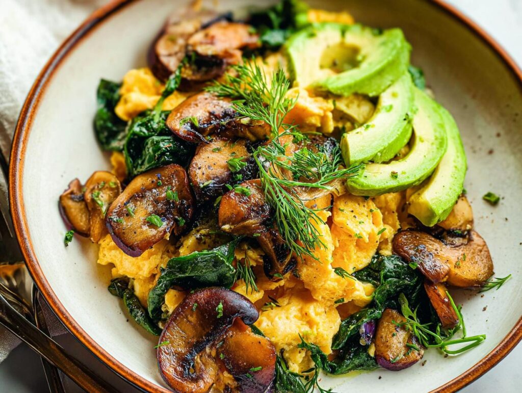 A close-up of fluffy Mushroom Spinach Scrambled Eggs topped with sliced avocado and fresh dill.