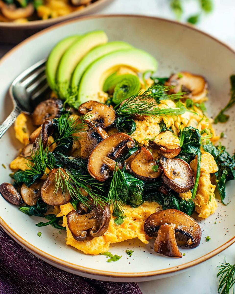 Close-up of fluffy Mushroom Spinach Scrambled Eggs topped with sliced avocado and fresh dill.
