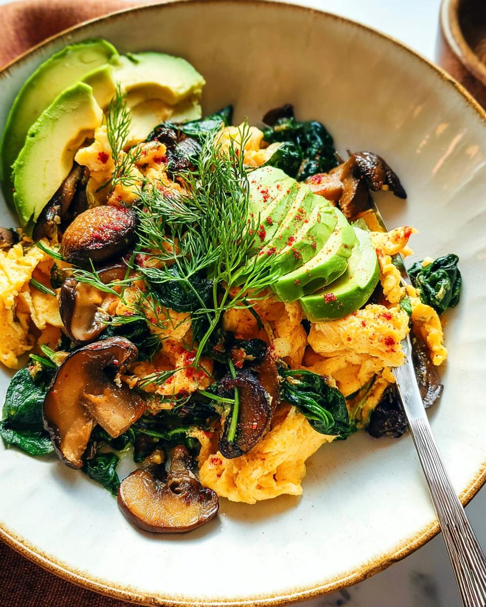 A close-up of Mushroom Spinach Scrambled Eggs topped with sliced avocado and fresh dill.
