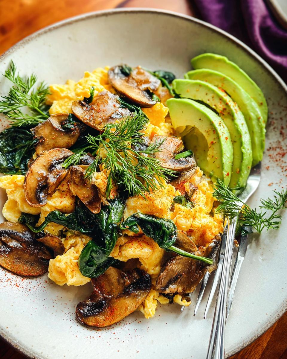 A plate of fluffy Mushroom Spinach Scrambled Eggs served with sliced avocado and fresh dill.