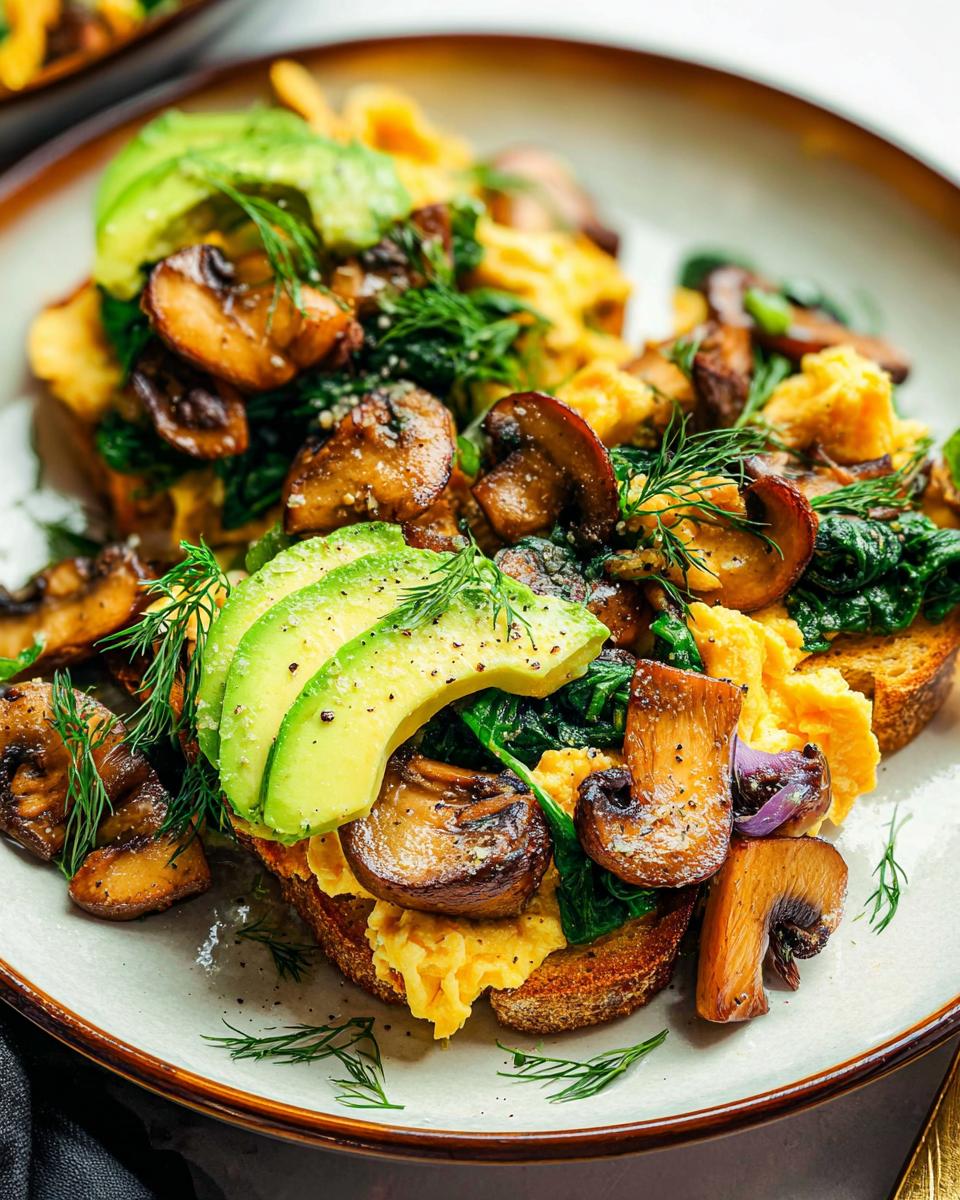 Close-up of Mushroom Spinach Scrambled Eggs on toast, topped with avocado slices and fresh dill.