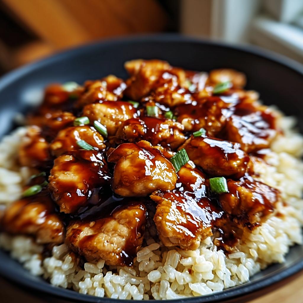 Close-up of a bowl of One-Pan Honey BBQ Chicken Rice, topped with chopped green onions.