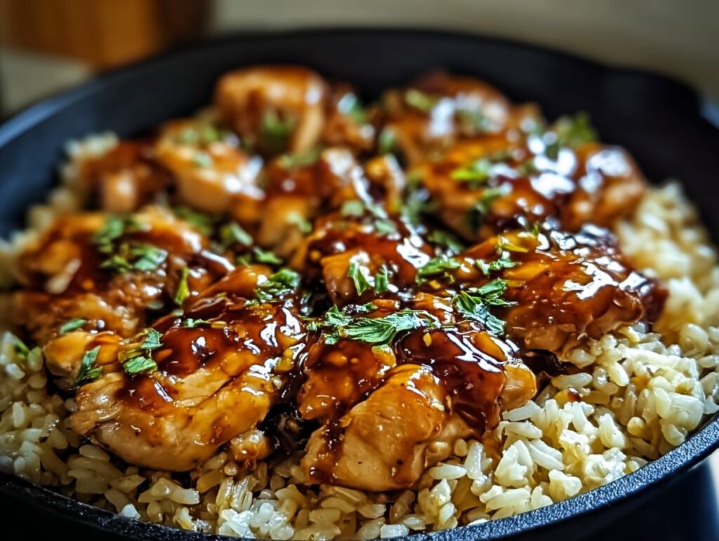 Close-up of One-Pan Honey BBQ Chicken Rice, featuring glazed chicken pieces over fluffy rice in a black skillet, garnished with herbs.