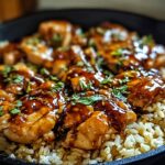 Close-up of One-Pan Honey BBQ Chicken Rice, featuring glazed chicken pieces over fluffy rice in a black skillet, garnished with herbs.