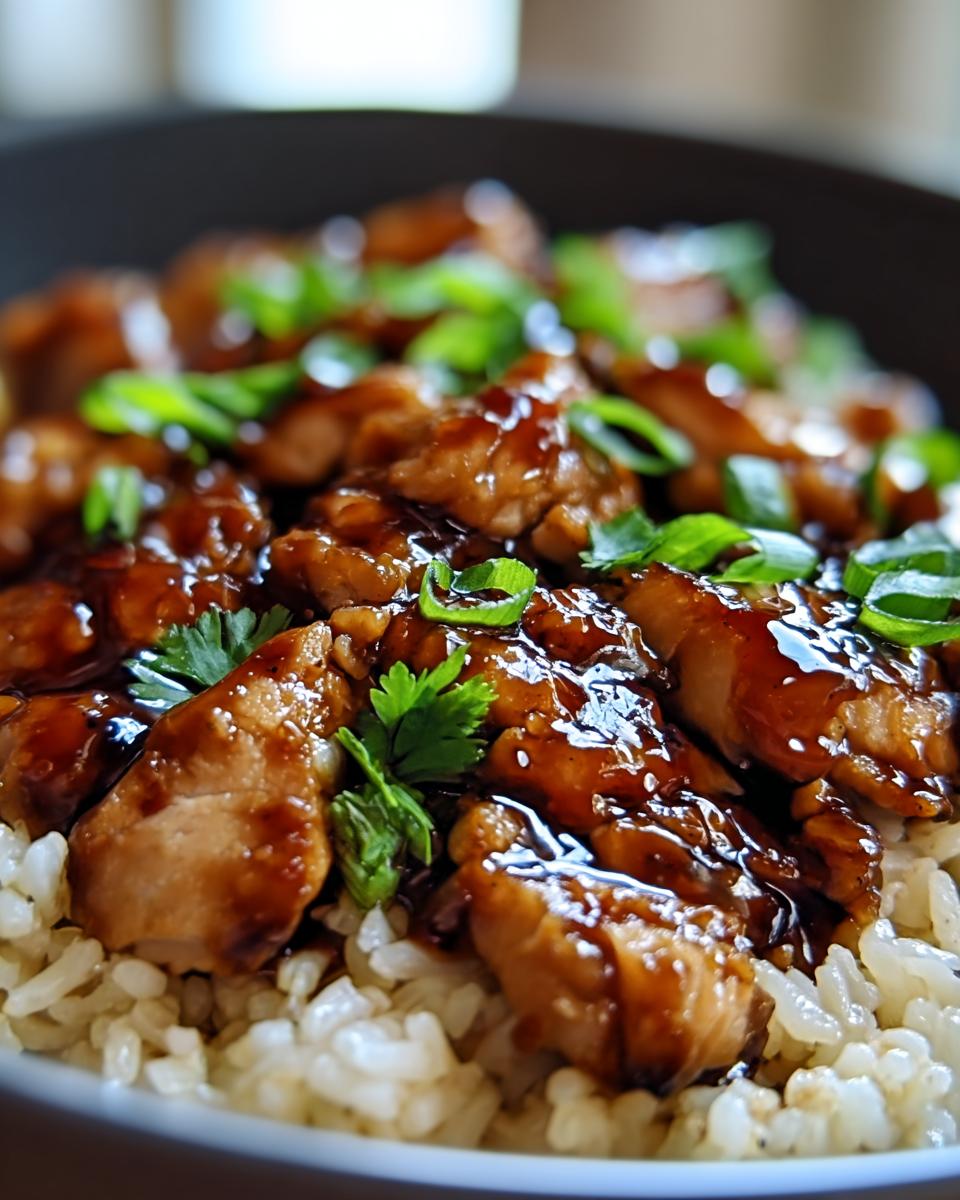 A close-up of One-Pan Honey BBQ Chicken Rice, featuring glazed chicken pieces over fluffy rice, garnished with green onions and cilantro.