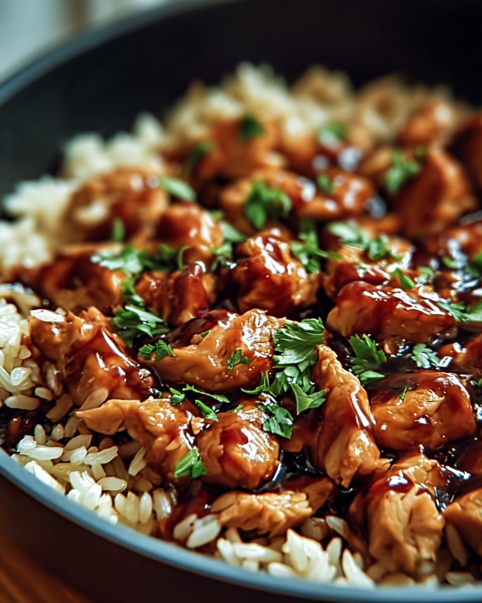 A close-up shot of delicious One-Pan Honey BBQ Chicken Rice, garnished with fresh parsley.