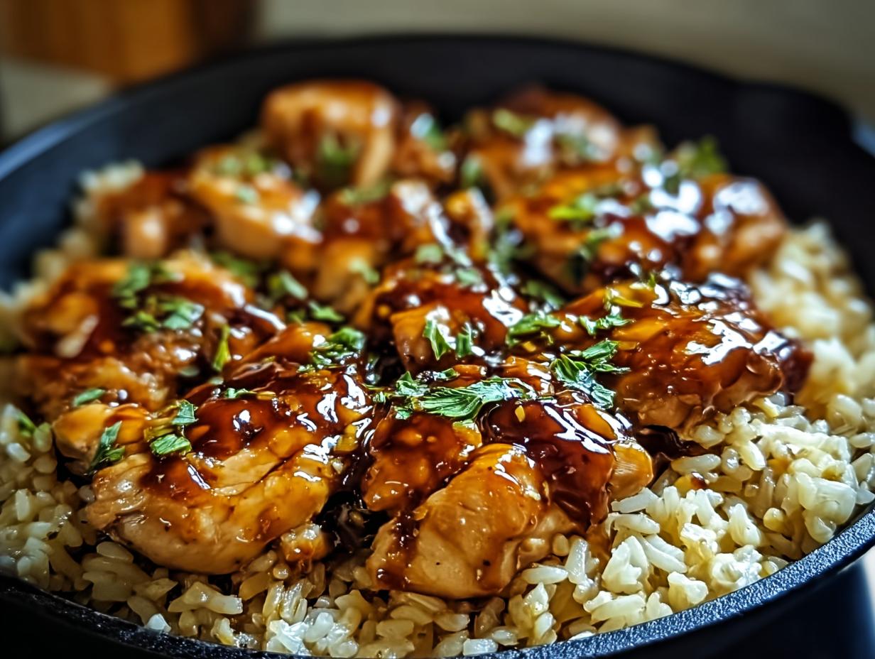 Close-up of One-Pan Honey BBQ Chicken Rice, featuring glazed chicken pieces over fluffy rice in a black skillet, garnished with herbs.
