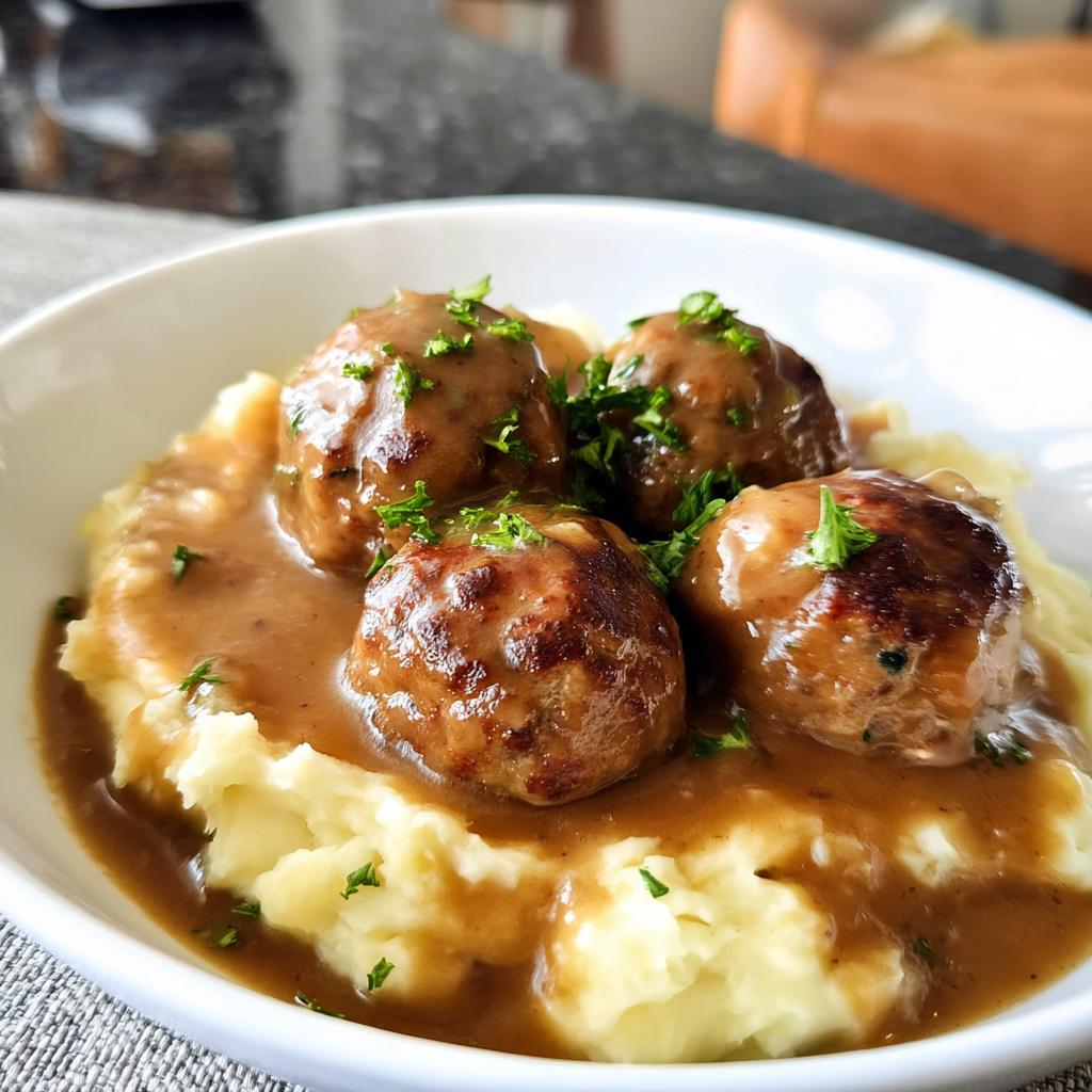 A bowl of Salisbury Steak Meatballs served over creamy Garlic Herb Mashed Potatoes, garnished with fresh parsley.