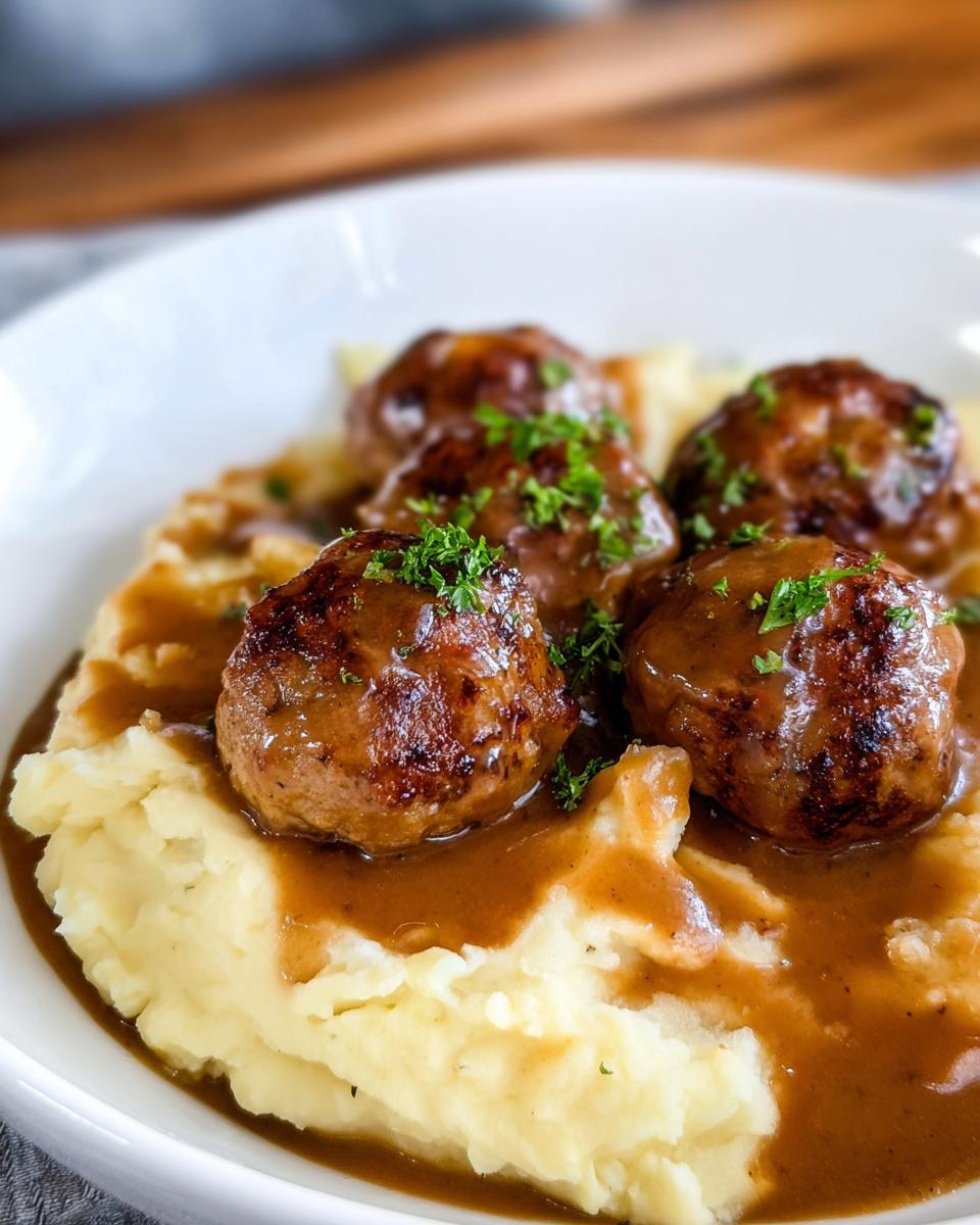 A close-up of Salisbury Steak Meatballs served over creamy Garlic Herb Mashed Potatoes, drizzled with rich gravy and garnished with parsley.