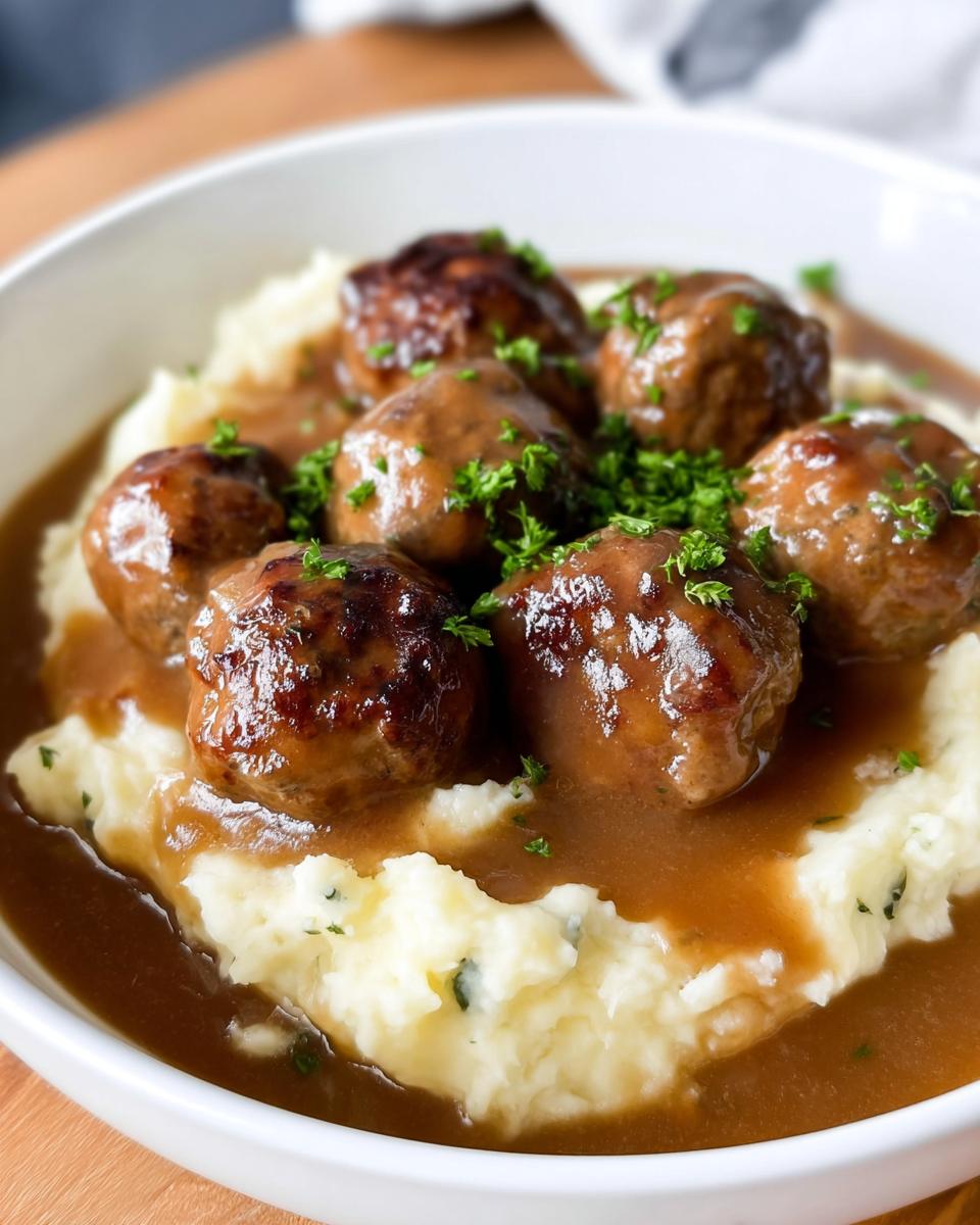 Close-up of Salisbury Steak Meatballs served over creamy Garlic Herb Mashed Potatoes, garnished with parsley.