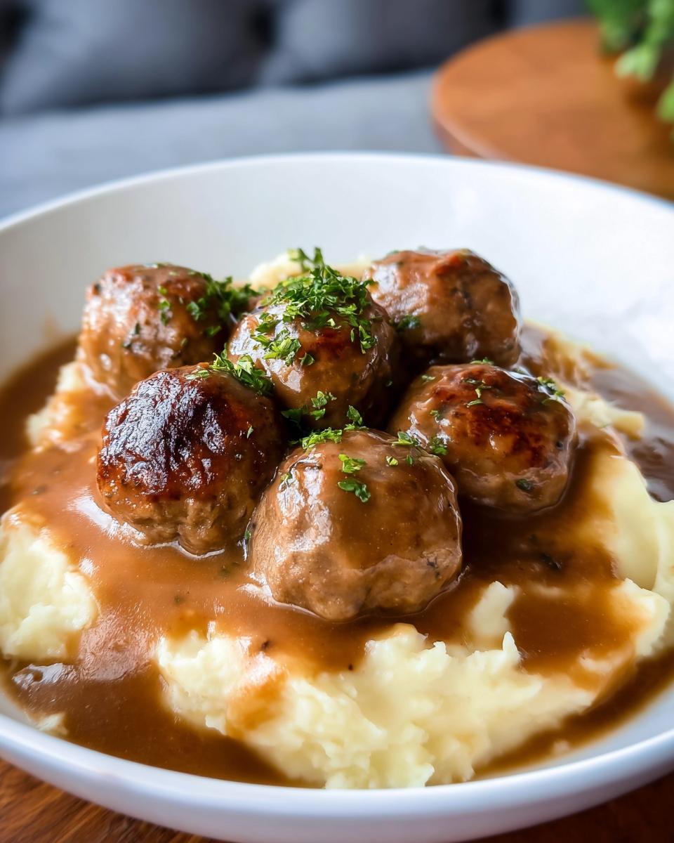 Close-up of Salisbury Steak Meatballs nestled in creamy garlic herb mashed potatoes, drizzled with savory gravy.