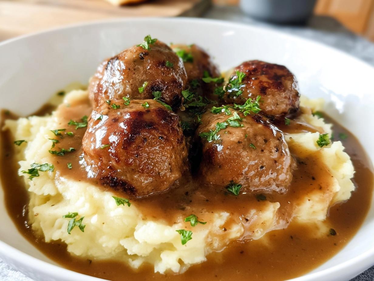 Close-up of Salisbury Steak Meatballs smothered in gravy, served over creamy Garlic Herb Mashed Potatoes and garnished with parsley.