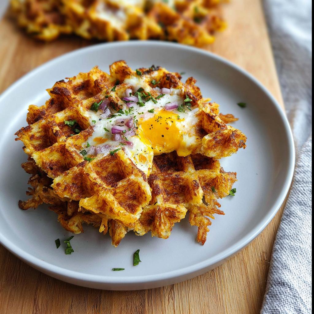 A stack of golden brown savory hashbrown chaffles topped with a fried egg, red onion, and parsley.