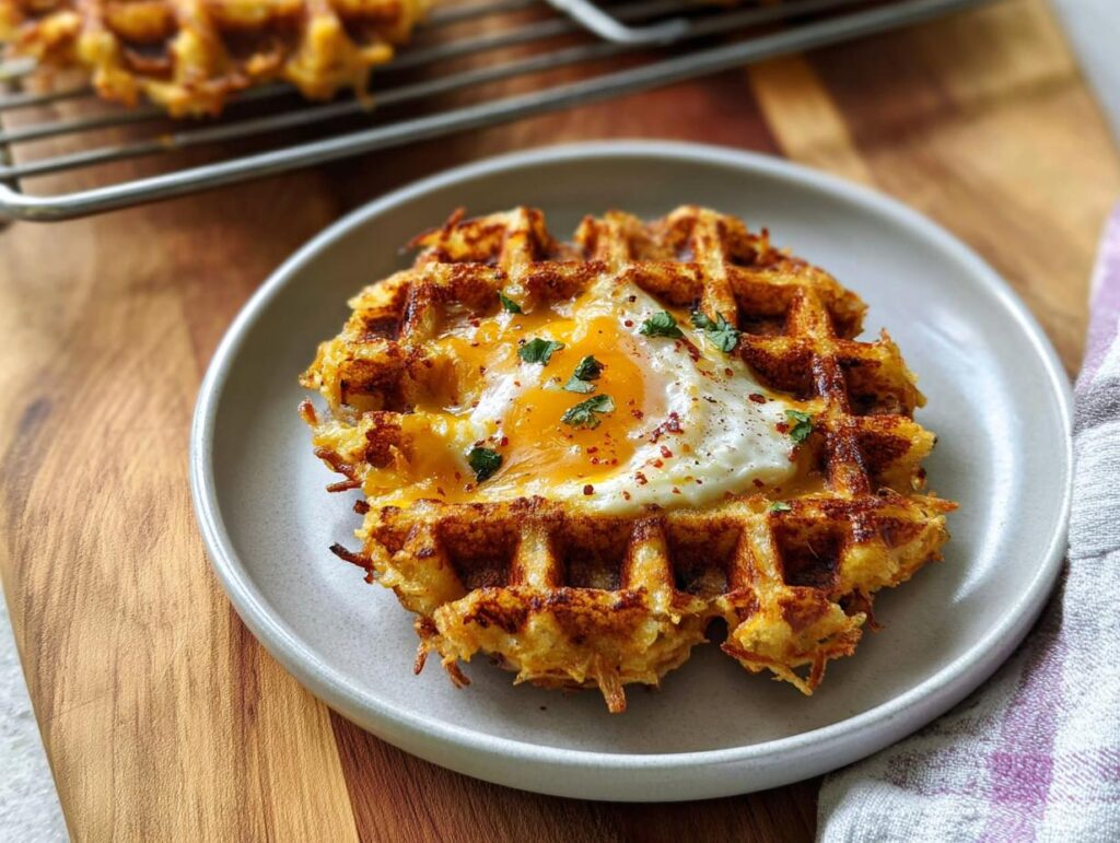 A golden-brown savory hashbrown chaffle topped with a perfectly fried egg and fresh parsley.