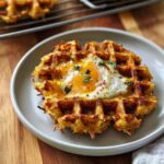 A golden-brown savory hashbrown chaffle topped with a perfectly fried egg and fresh parsley.