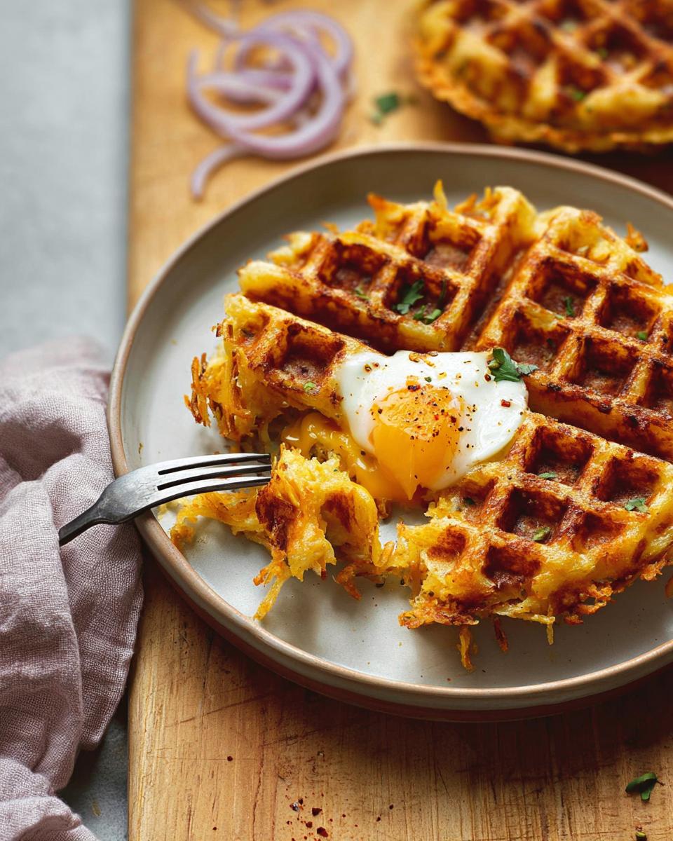 A fork taking a bite out of a golden-brown savory hashbrown chaffle topped with a runny poached egg.