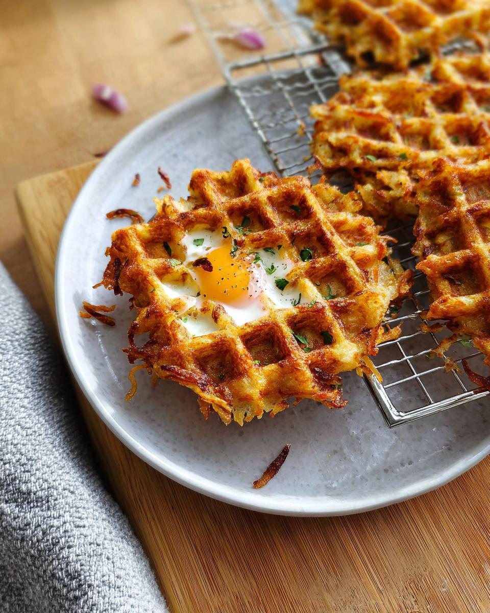 A golden-brown savory hashbrown chaffle with a perfectly cooked egg in the center, sprinkled with fresh herbs.