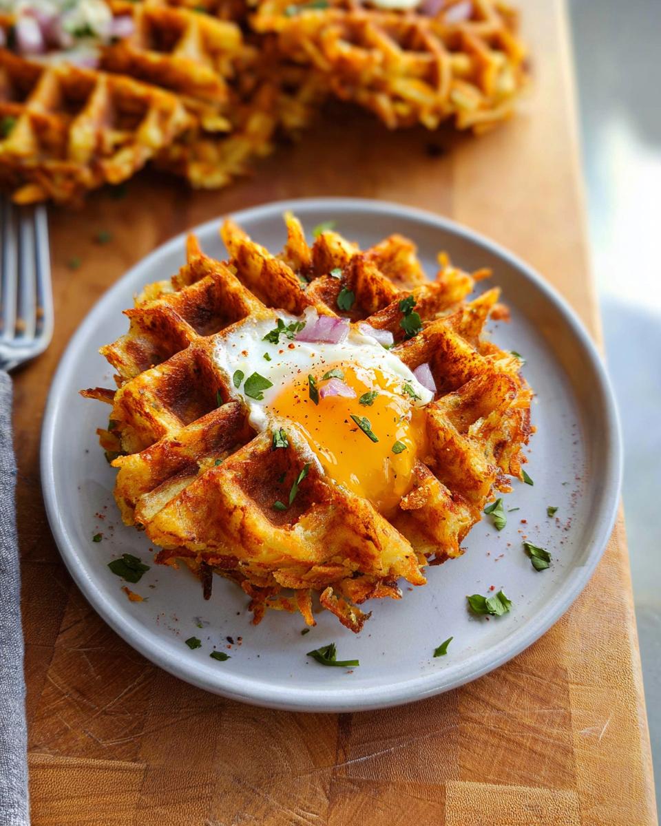 A golden-brown savory hashbrown chaffle topped with a perfectly fried egg and chopped red onion.