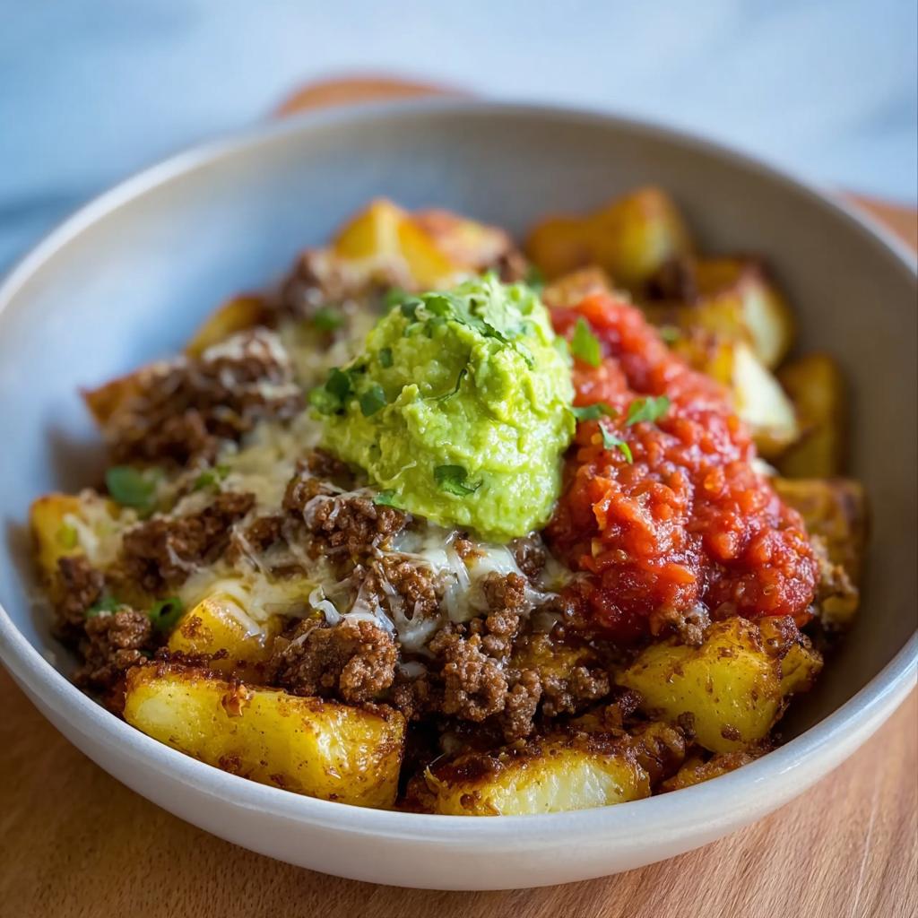 A delicious Schnelle Kartoffel Taco Bowl Meal Prep with seasoned potatoes, ground meat, cheese, guacamole, and salsa.