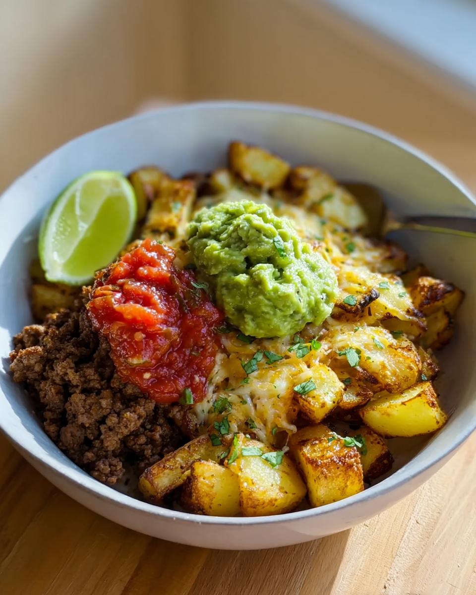A close-up of a Schnelle Kartoffel Taco Bowl Meal Prep with seasoned ground beef, salsa, guacamole, and lime.