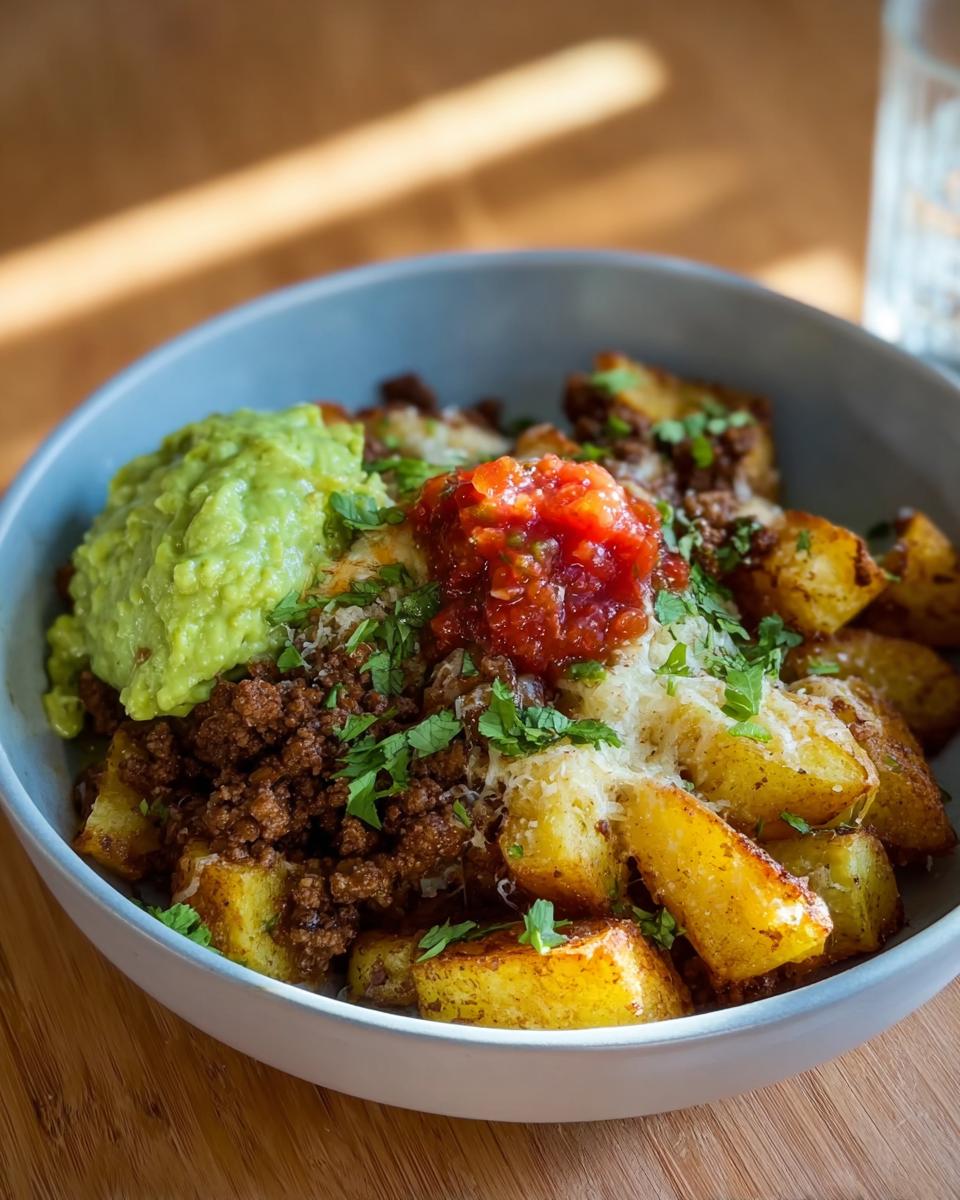 A bowl of Schnelle Kartoffel Taco Bowl Meal Prep with seasoned potatoes, ground meat, guacamole, and salsa.